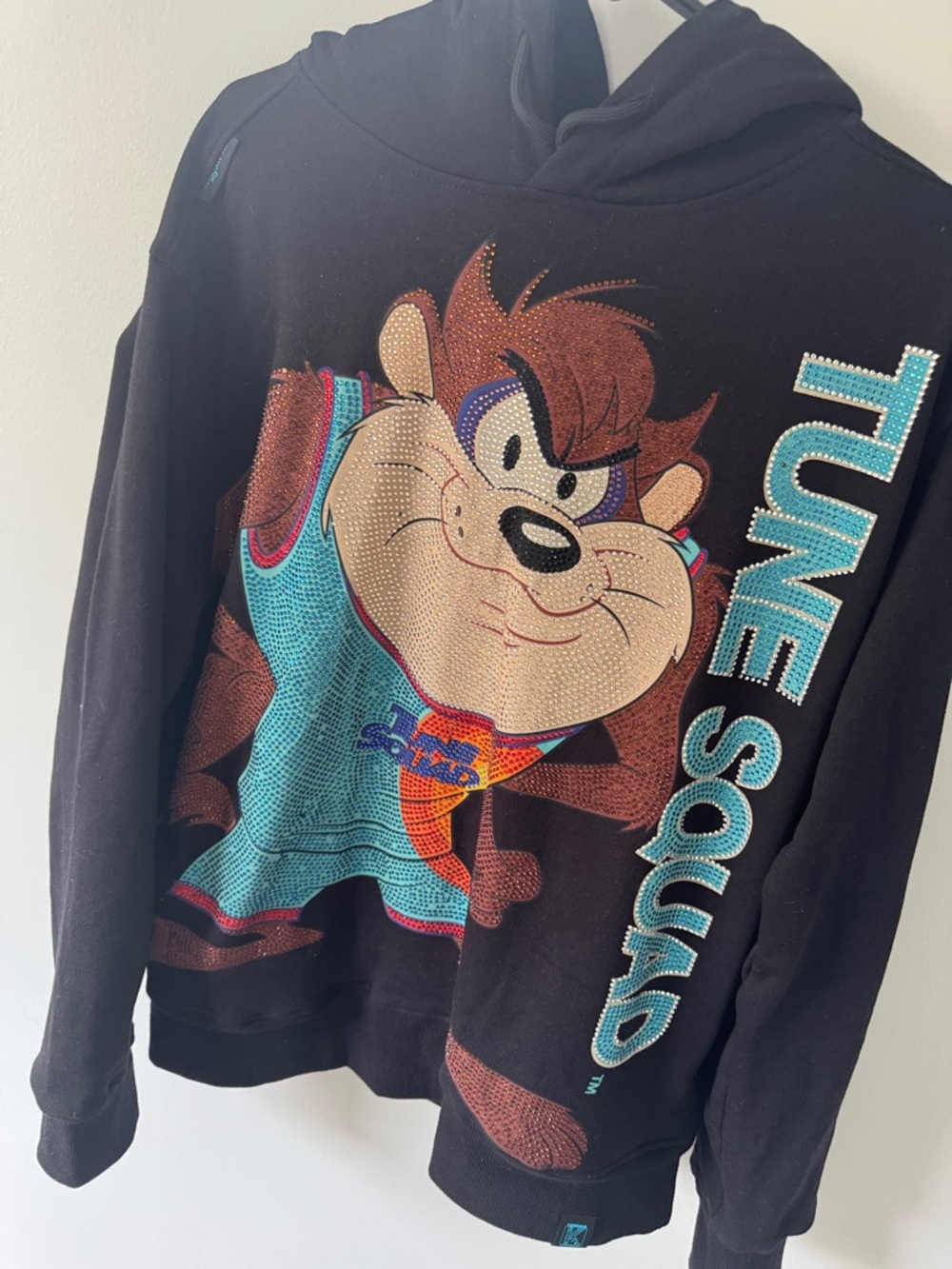Fashion Nova Black Tune Squad Taz Rhinestone Hoodie with Turquoise Accents